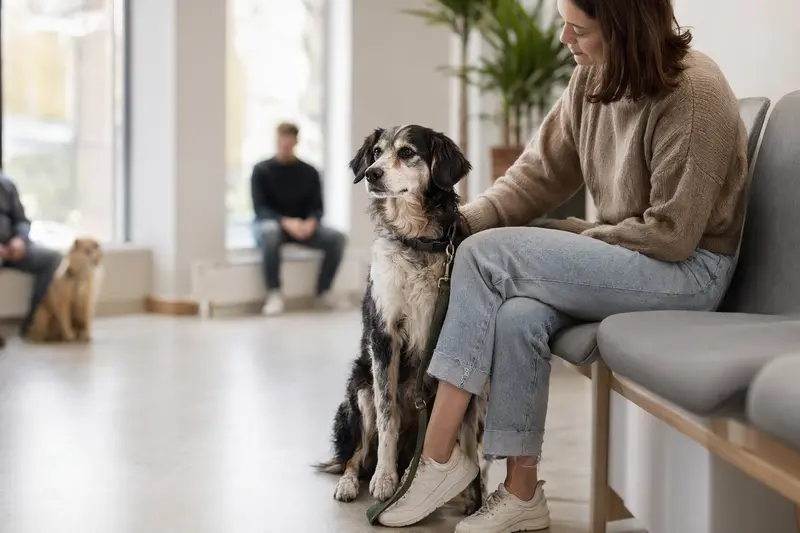 Ein ruhiger Billy Hund sitzt neben seinem Besitzer im hellen Wartezimmer einer modernen Tierarztpraxis.